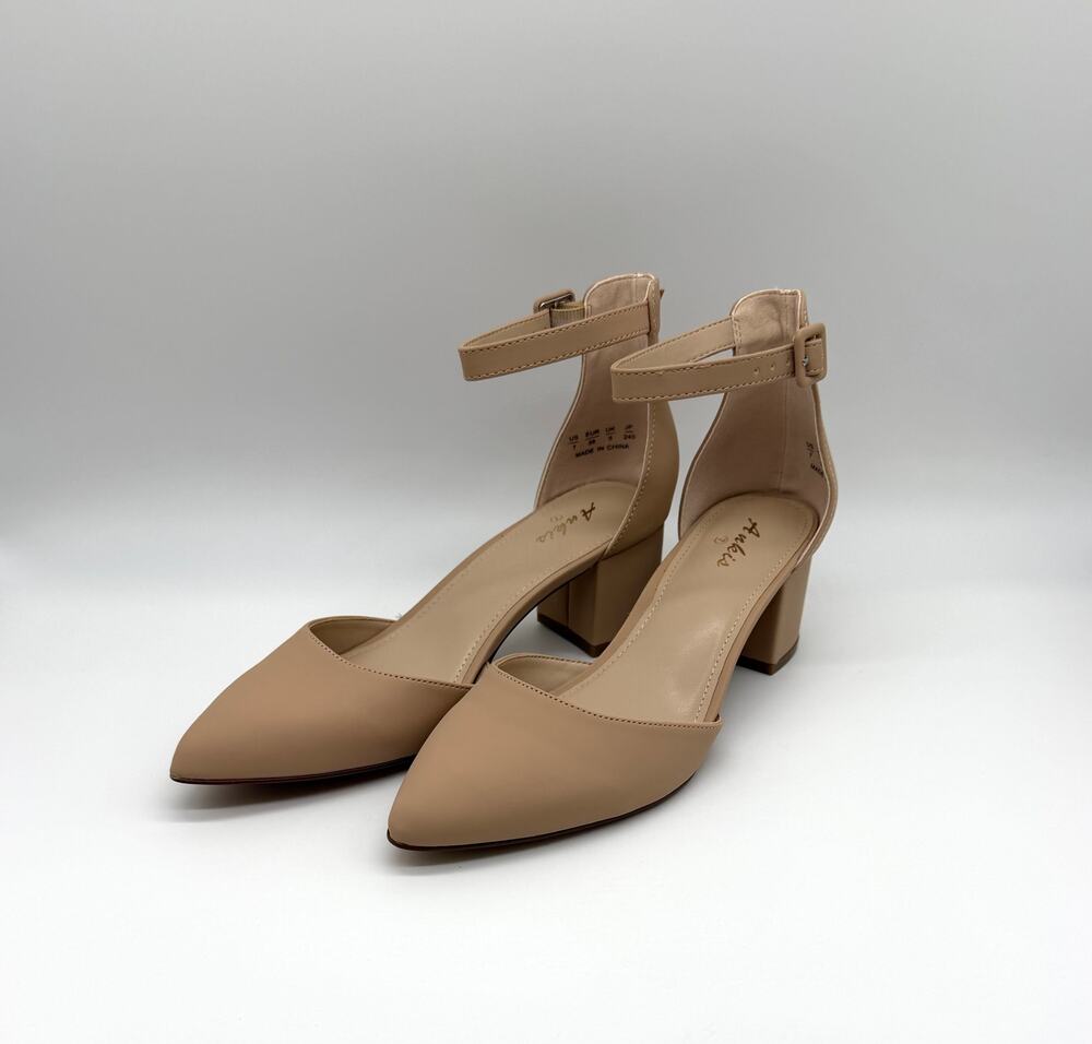 Auklia Womens Size 7 Nude Pointed Toe Block Heel Pumps Ankle Strap Dress Shoes